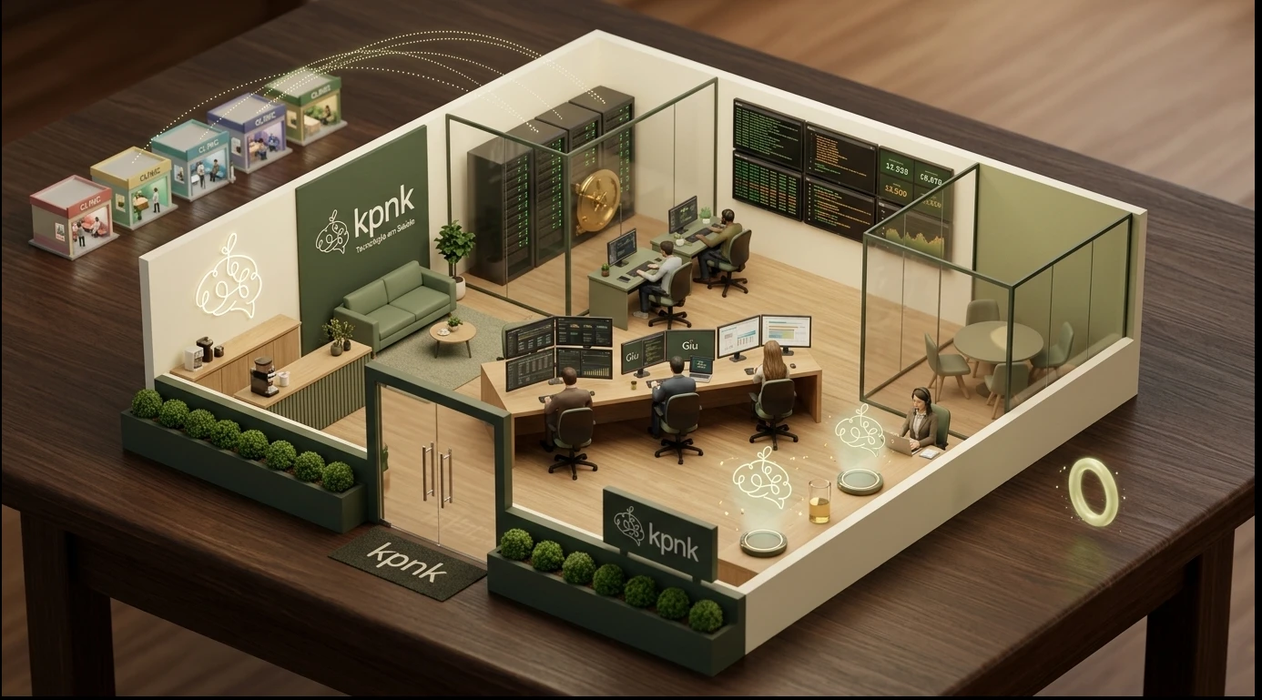Ilustração do escritório do kpnk em miniatura: as clínicas ligadas por cabos à sala de servidores, o telão com indicadores, a mesa do time e os hologramas da GiuIA.